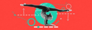 Profesyonel akrobat. Genç jimnastikçi kızla çağdaş sanat kolajı. Kırmızı arka planda esneme egzersizleri yapıyorlar. Pankart. Spor anlayışı, sağlıklı yaşam tarzı, güzellik, reklam, fitness, dergi tarzı.