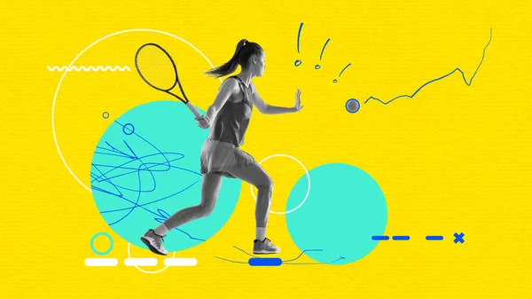 撞到球了当代创意艺术拼贴与专业女性网球选手的黄色背景 运动的概念 健康的生活方式 杂志风格 — 图库照片
