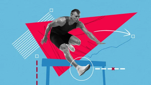 Dificultar Atleta Masculino Profissional Corredor Saltando Sobre Obstáculo Fundo Azul — Fotografia de Stock