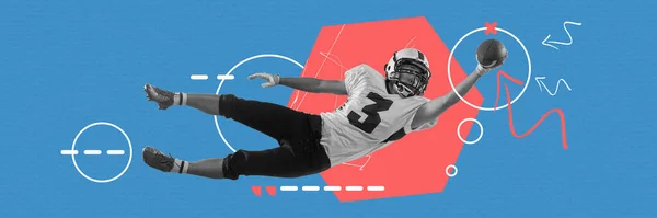 当代艺术拼贴与美国足球运动员的运动服和保护装备训练球与蓝色背景与图纸 职业竞赛 广告的概念 — 图库照片