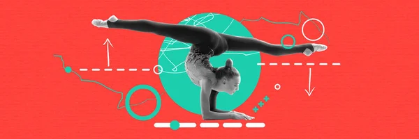 专业杂技演员 当代艺术拼贴与年轻体操女子做伸展运动的红色背景 班纳运动的概念 健康的生活方式 杂志风格 — 图库照片