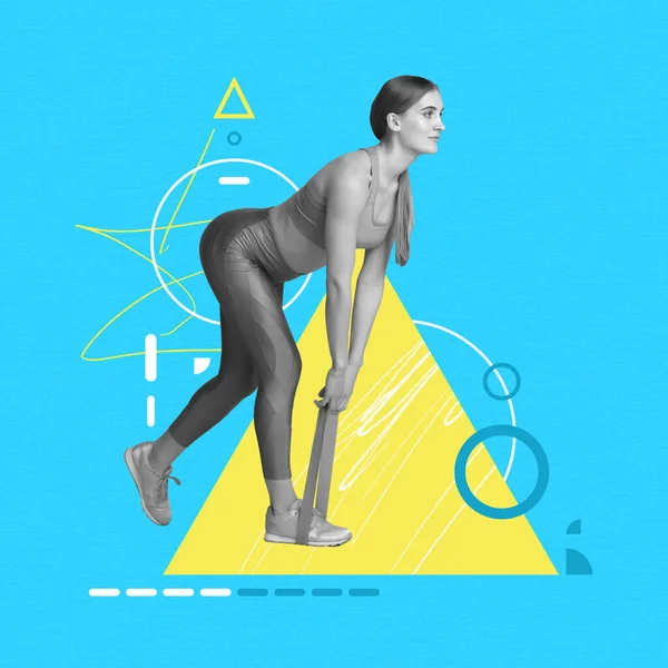 Hedendaagse Kunst Collage Met Mooie Sportieve Meisjestraining Met Oefenrubber Blauwe — Stockfoto