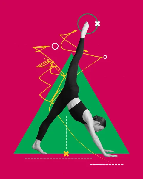 Pilates Allenamento Yoga Collage Arte Contemporanea Con Adorabile Ragazza Sportiva — Foto Stock
