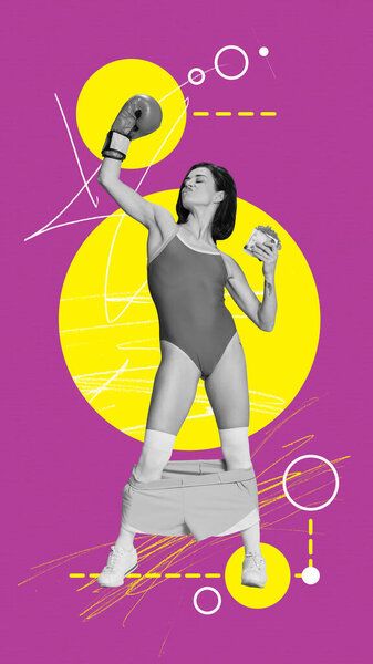 Female boxing. Contemporary art collage with beautiful sporty girl wearing boxer gloves demonstrating her strength over violet background. Sport, achievements, media, healthy lifestyle, ad and hobby