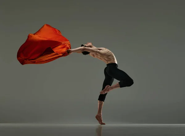 Young Flexible Handsome Man Shirtless Ballet Dancer Making Performance Red — Stock Photo, Image