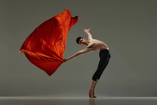 Graceful Handsome Young Man Professional Ballet Dancer Dancing Red Silk — Stock Photo, Image