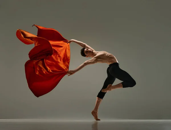 Young Artistic Handsome Man Ballet Dancer Making Performance Red Silk — Stock Photo, Image