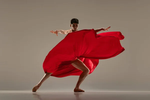 Modern Ballet Performance Young Impressive Handsome Man Dancing Red Silk — Stock Photo, Image