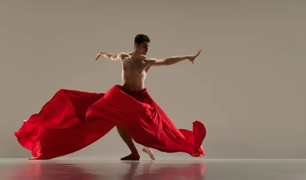 Young Talented Handsome Man Ballet Dancer Dancing Red Silk Fabric — Stock Photo, Image