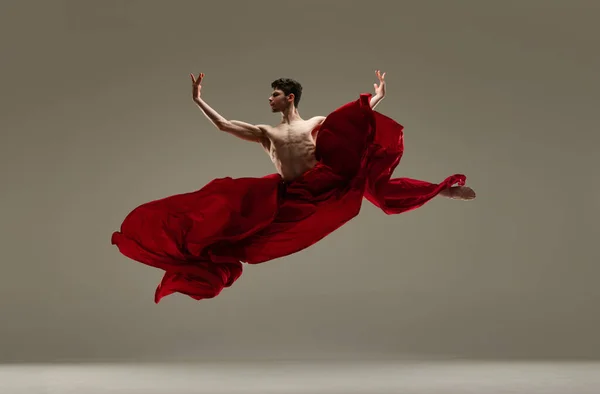 Artistic Talented Young Man Shirtless Ballet Dancer Dancing Red Silk — Stock Photo, Image