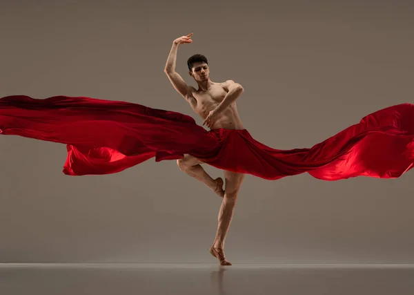 Talented Performance Handsome Man Ballet Dancer Dancing Red Silk Fabric — Stock Photo, Image