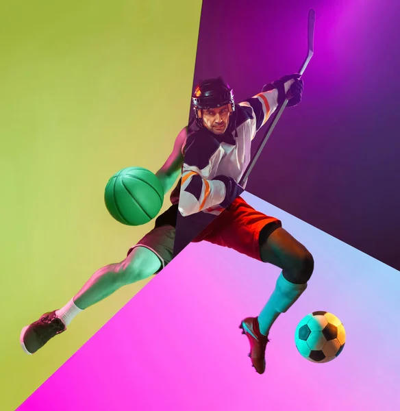 Kompozytowy Obraz Człowieka Wykonującego Różne Rodzaje Męskiej Piłki Nożnej Koszykówki — Zdjęcie stockowe