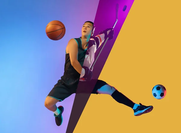 ジャンプで ネオンの光の中で様々な種類のスポーツサッカー バスケットボール ホッケーを行うアジアの男のクロップ写真の複合画像 アクティブライフスタイル スポーツ 広告コンセプト — ストック写真