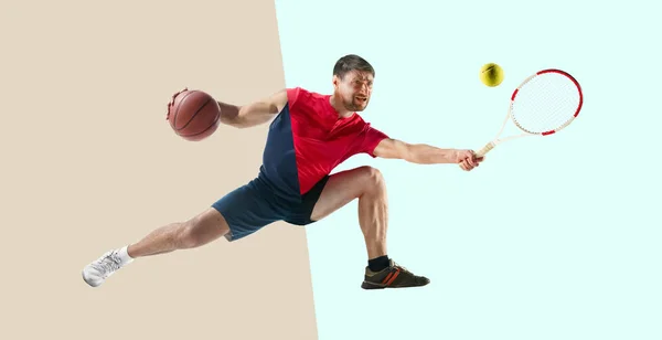 색상의 파스텔 위에서 농구를 종류의 스포츠 테니스의 사진을 액티브 라이프 — 스톡 사진