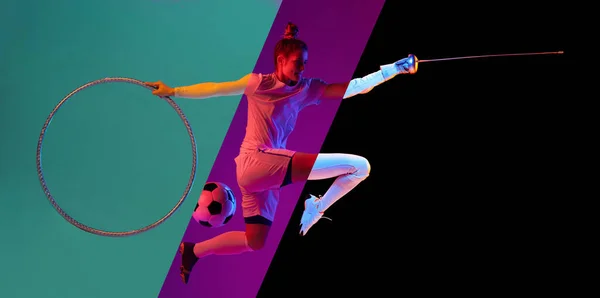特別な機器を身に着けている若い女性の複合画像ダークモードの背景にスポーツ フェンシング サッカー 体操の異なる種類を行います アクティブライフスタイル スポーツ 広告コンセプト — ストック写真
