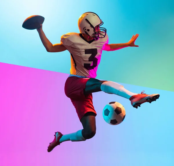 Samengesteld Beeld Van Mens Die Verschillende Soorten Mannelijke Sport Voetbal — Stockfoto