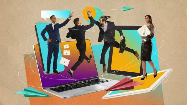 Framgångsrikt Avtal Och Partnerskap Anställda Människor Laptop Symboliserar Online Samarbete — Stockfoto