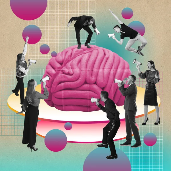Brainstorming and ideas generation. Creative group of employees standing around brain and shouting in megaphone. Contemporary art collage. Concept of business, career development. Creative design