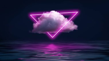 Yatay duvar kağıdı için soyut tasarım, arka plan. Gece okyanusu üzerinde bulutlu neon pembe üçgen, su. Karanlık arka plan. Floresan ışığı, yansıma. Futurizm, yaratıcı vizyon. Metin için boşluk