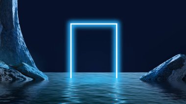 Geometrik neon elementler kayaların etrafındaki sudan karanlık arka planda beliriyor. Mavi neon ışıklar. Duvar kağıdı, arkaplan, pankart için tasarım. Soyut yüksek teknoloji, teknoloji fütüristik sanat