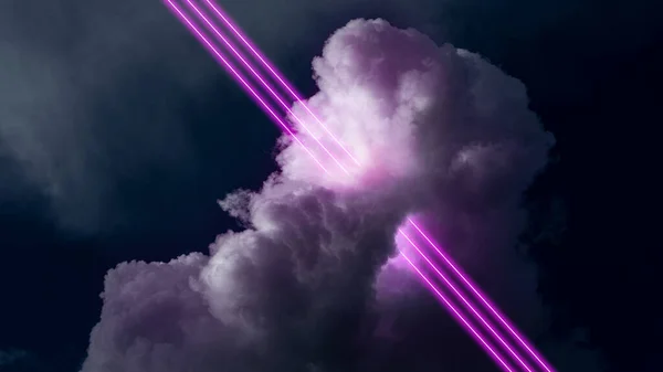 Neon colored purple lines crossing cloud, smoke at night over dark background. Creative abstract design for wallpaper, background, banner. Abstract, futuristic, vitrual art, modern vision.
