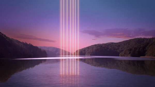 Neon Kolorowe Fluorescencyjne Abstrakcyjne Linie Pojawiające Się Wody Jezioro Wokół — Zdjęcie stockowe