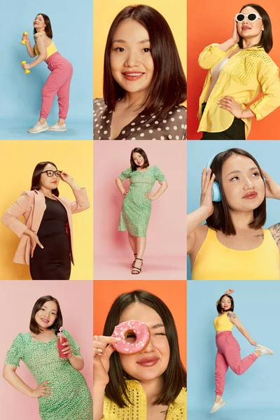 Collage. Set of portraits of young asian girl posing in different clothes and life situations against multicolored background. Concept of emotions, lifestyle, youth, hobby, fashion, business