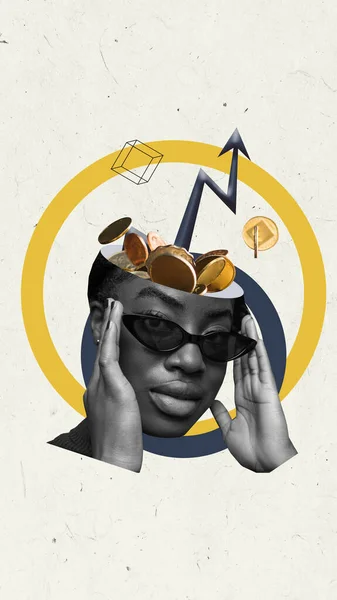 Stylish african woman in trendy sunglasses with financial arrow. Trade market, betting, financial analytics. Contemporary art. Concept of business, career development, online, remote job, freelance