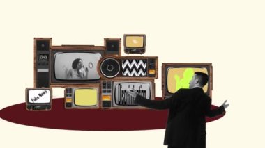 Hareket etmeyi, animasyonu durdurun. Kavramsal sanat. Sosyal haberleri gösteren bir dizi retro TV ekranı. Sahte bilgi. Yaratıcılık kavramı, kitlesel medya etkisi, ayrımcılık, Igbt, insan hakları, özgürlük. Retro