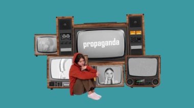 Üzgün genç Gil, retro TV ekranlarının önünde oturmuş sahtelerden, yanlış bilgilendirmelerden bahsediyor. Hareket etmeyi, animasyonu durdurun. Kavramsal sanat. Yaratıcılık kavramı, kitlesel medya etkisi, bilgi, propaganda. Retro