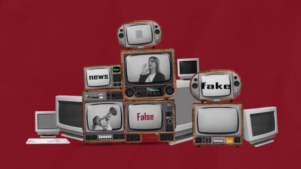 動くなアニメーション 概念芸術 偽のニュース 偽情報を示すレトロなテレビやコンピュータ画面のセット 創造性 マスコミの影響 宣伝の概念 レトロデザイン — ストック動画