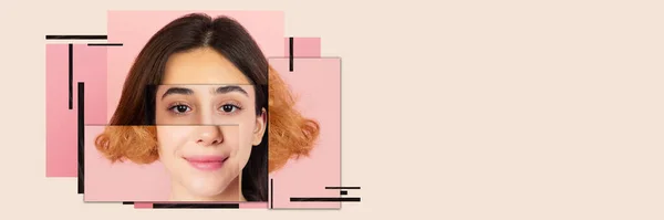 女性的脸是由不同种族的妇女的不同脸组成的 当代艺术品 现代设计 多族裔 多样性和人权的概念 班纳广告的复制空间 — 图库照片