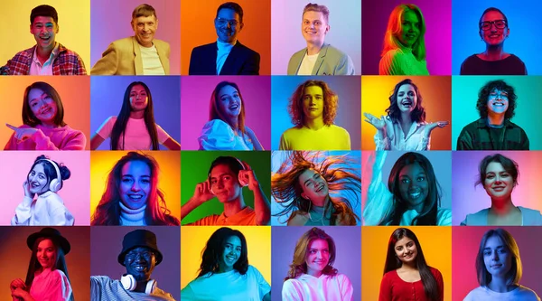 学院由不同年龄 种族和国籍的人组成 人们在霓虹灯下对着五颜六色的背景微笑 情感概念 人权与平等 — 图库照片