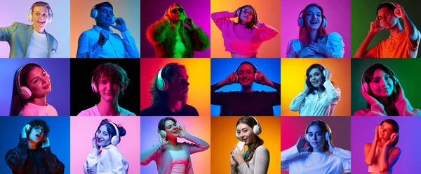 ネオンの光を背景に ヘッドフォンで音楽を聴く多様な性別 人種の異なる人々のコラージュ 感情の概念 人権と平等 — ストック写真