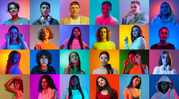 Collage of faces of emotional people of diverse gender, age and race on multicolored backgrounds in neon light. Concept of emotions, human rights and equality, youth, lifestyle, ad