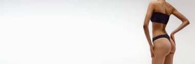 Kadın vücudunun kırpılmış görüntüsü, kalçalar. Beyaz stüdyo geçmişine karşı iç çamaşırlarıyla poz veren genç bir kız. Anti-selülit tedavisi. Güzellik kavramı, vücut bakımı, sağlık, vücut yapısı. Pankart. İlan için alanı kopyala