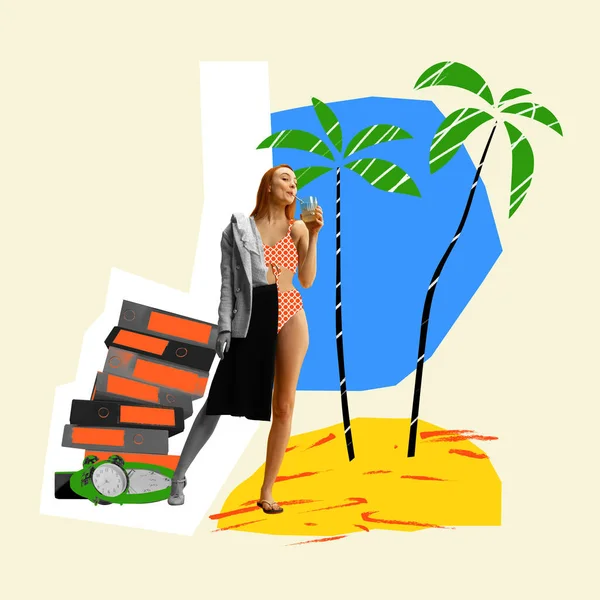Businesswoman in formal wear and swimming suit, working, sipping cocktail on summer vacation in her dreams. Stop work. Contemporary art. Concept of business and vacation, inspiration. Creative design