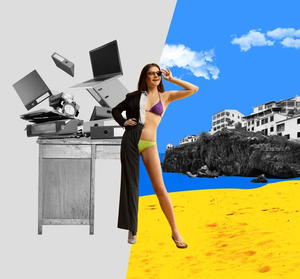Dream Summer Vacation Office Female Worker Standing Formal Wear Swimsuit — Stock Photo, Image