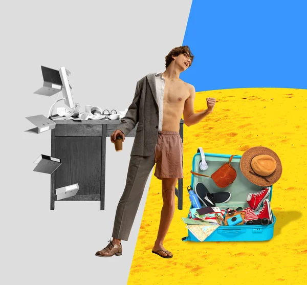 年轻人 站在夏天的海滩上 打包西服和捕鱼作业 当代艺术拼贴 商业和度假的概念 超现实主义 创意设计 — 图库照片