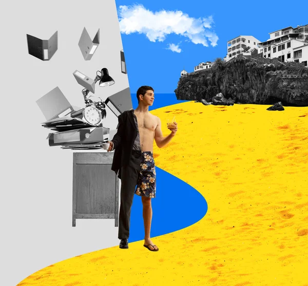Jovem Empregado Olhando Para Praia Verão Sonhando Deixar Emprego Férias — Fotografia de Stock