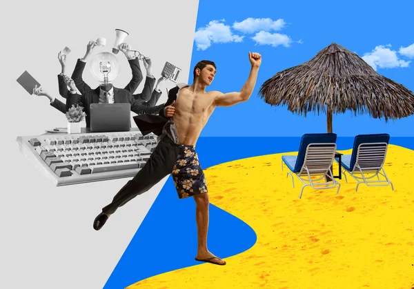 Motivation to finish work. Businessman dreaming about summer vacation on beach. Going to tropics. Contemporary art collage. Concept of business and vacation, inspiration, surrealism. Creative design