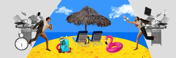 Excited man and woman, office workers escaping job and running into summer holidays on tropical beach. Contemporary artwork. Concept of business and vacation, inspiration, surrealism. Creative design