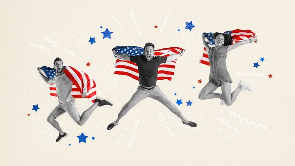 Gelukkige Jonge Mensen Glimlachend Springend Met Amerikaanse Vlaggen Vieren Onafhankelijkheidsdag — Stockfoto
