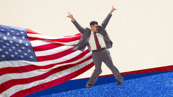 Emotional, happy and excited businessman in formal wear making crazy dance over american flag, celebrating independence day. Contemporary art. Concept of american culture, history, patriotism, holiday