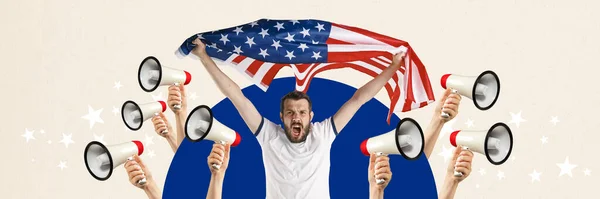Érzelmes Fiatalember Hazafi Hazafi Amerikai Zászlókkal Kiabálással Függetlenség Napja Kortárs — Stock Fotó