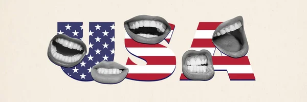 Creatief Ontwerp Met Vrouwelijke Monden Amerikaanse Vlag Patroon Letters Vrijheid — Stockfoto