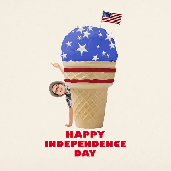 Little Smiling Boy Child Peeking Out Ice Cream American Flag — Stock Photo, Image