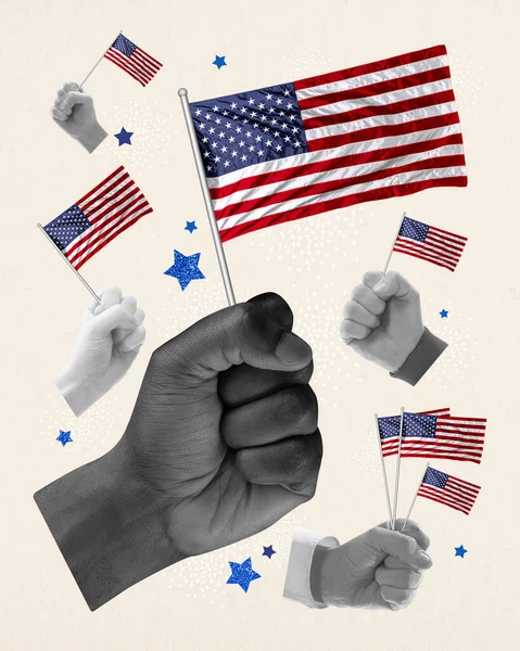 Male Hands Fists Holding American Flags Pastel Background Happy Independence — Stock Photo, Image