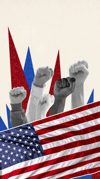Human Fistis Raising American Flag Celebrating Independence Day Proud Citizens — Stock Photo, Image