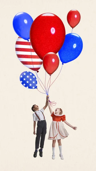 Gelukkige Kinderen Kinderen Die Een Luchtballon Vliegen Met Een Amerikaans — Stockfoto